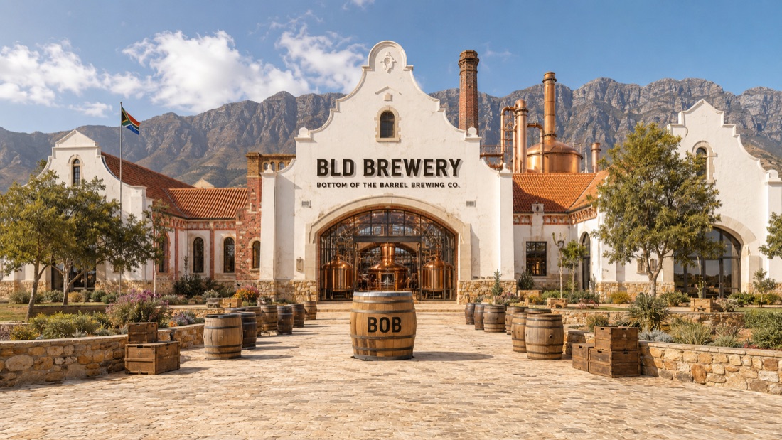 BLD Brewery: a whitewashed Cape Dutch brewery with copper brewing vessels behind a great arched window, stacked oak barrels and a BOB barrel in the cobbled forecourt, beneath the Cape mountains.